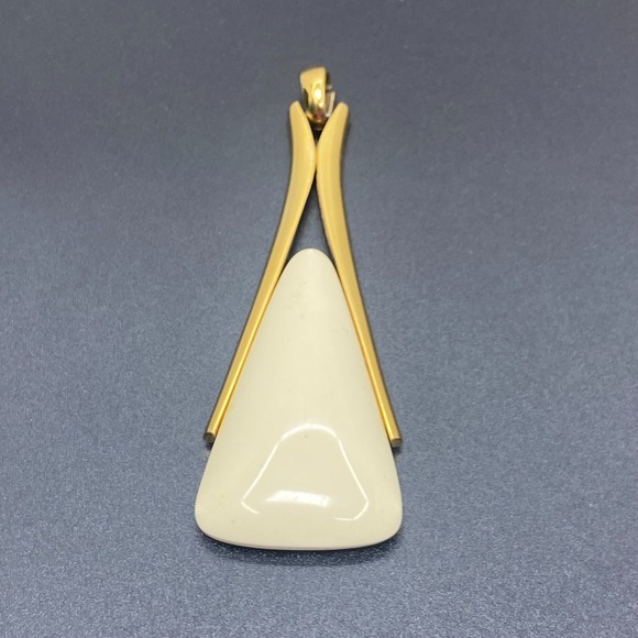 Trifari Jewelry - Signed Crown Trifari Resin Cream Triangle Gold Tone Pendant Modernist Vintage